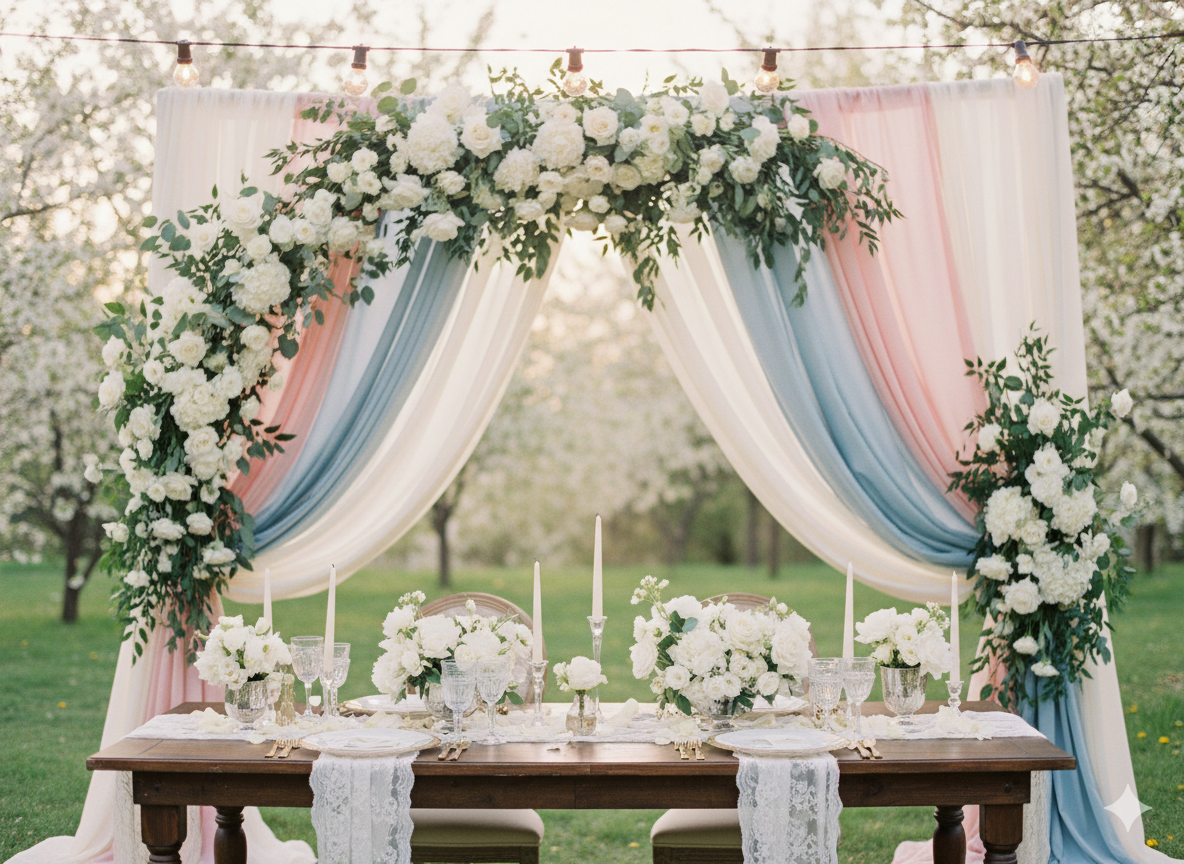 Пример оформления мероприятия: стильная свадебная декорация в пастельных тонах